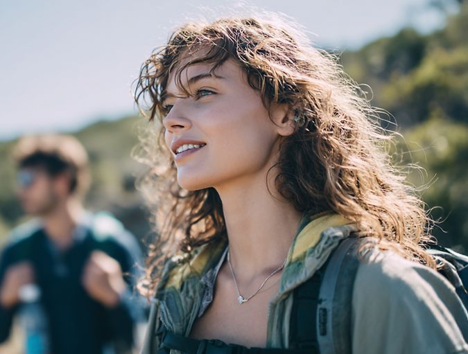 woman travelling with two friends in the foreground