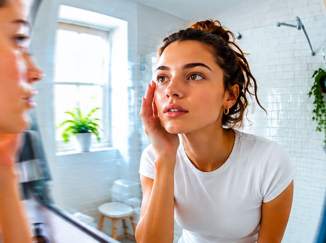 Woman looks in the mirror