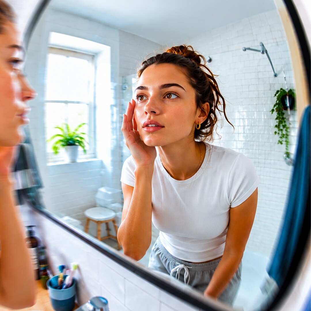 Woman looks in the mirror